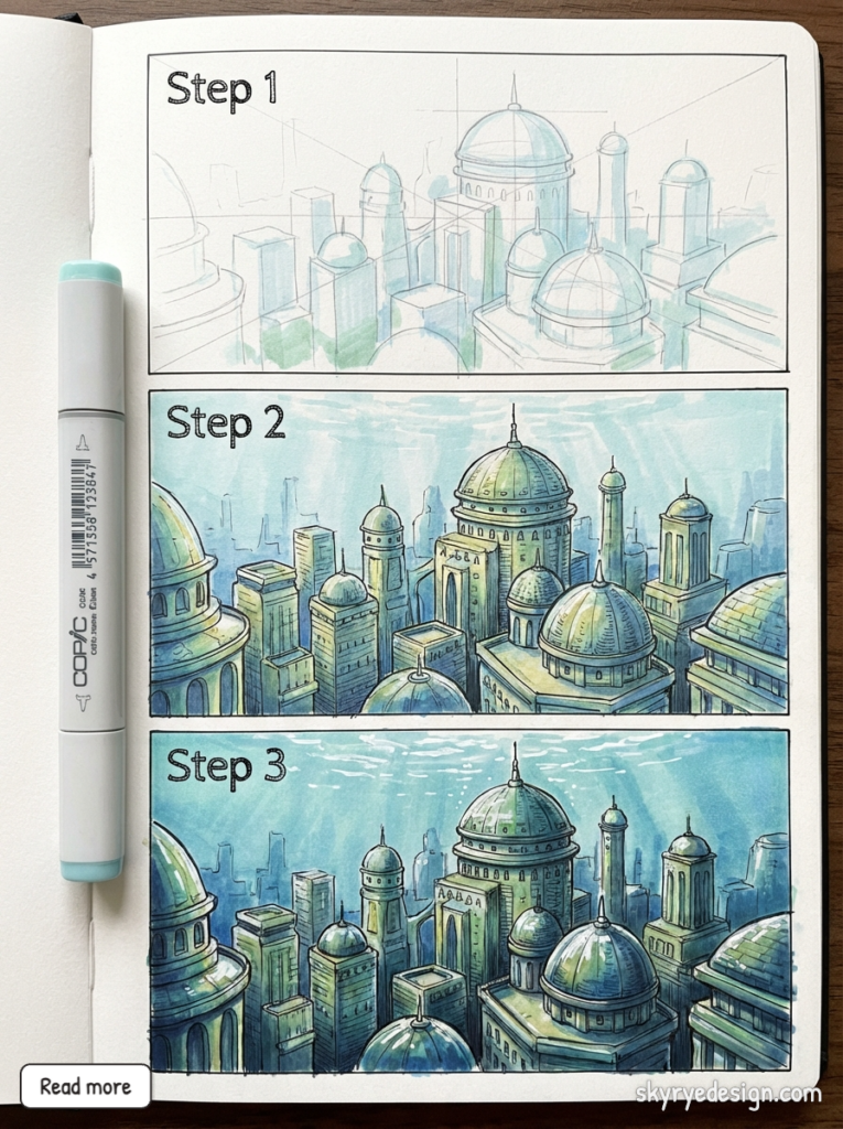 Three-panel step-by-step sketchbook tutorial: sketch to finished watercolor and Copic marker cityscape illustration