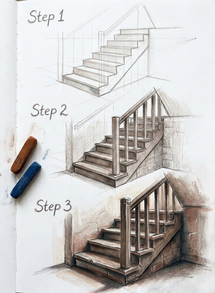 Step-by-step pencil and pastel sketch tutorial showing three stages of drawing a wooden staircase with balusters.