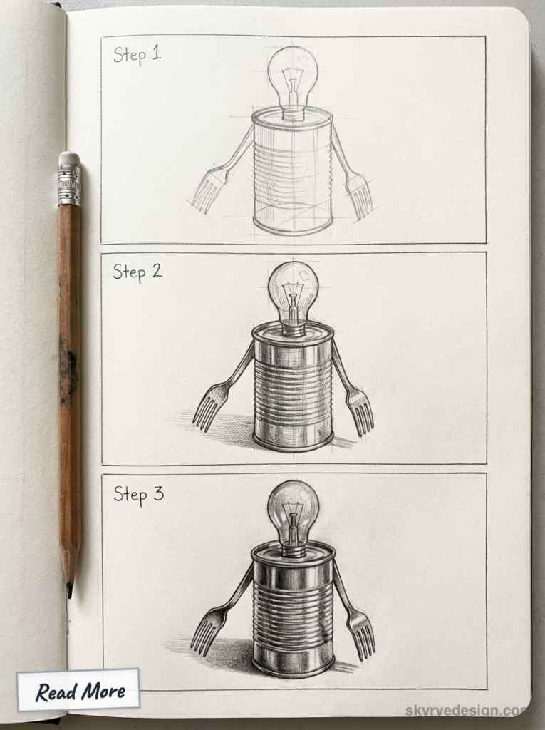 Sketchbook step-by-step pencil drawings of a tin-can robot with lightbulb head and fork arms