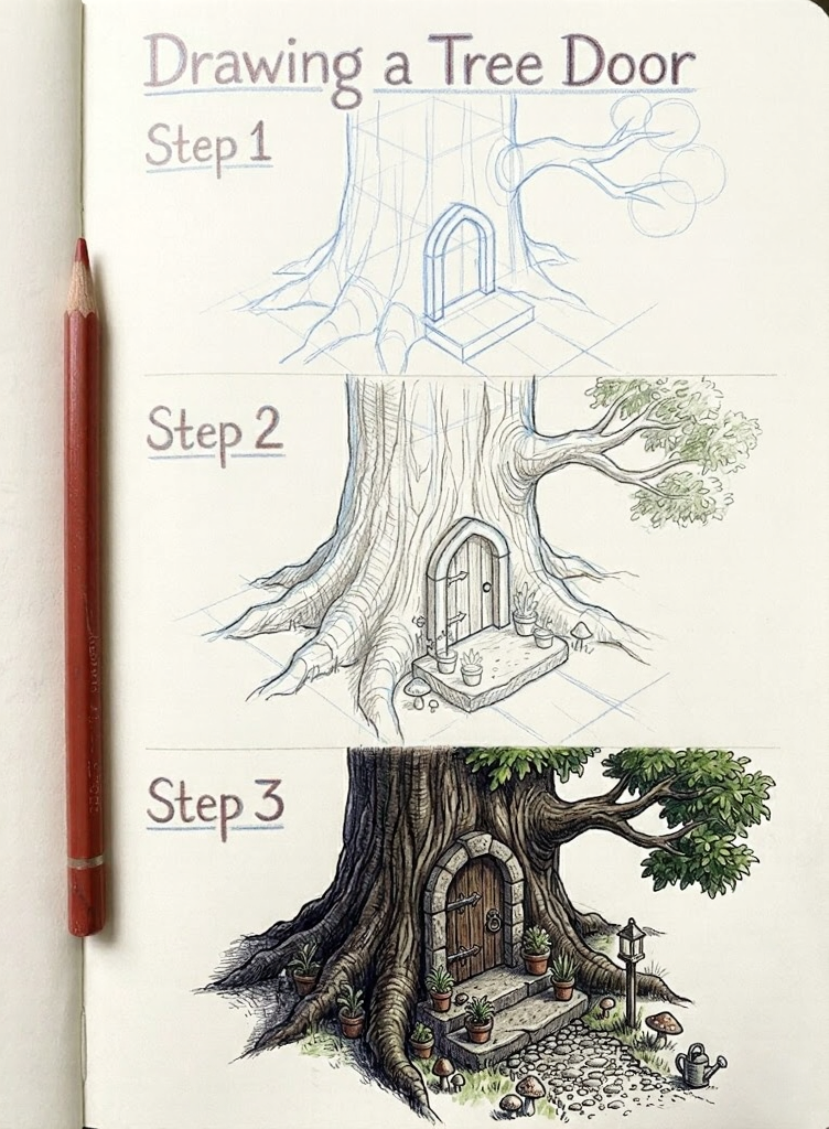 Three-step tutorial showing pencil sketches to colored finished illustration of a whimsical tree door.