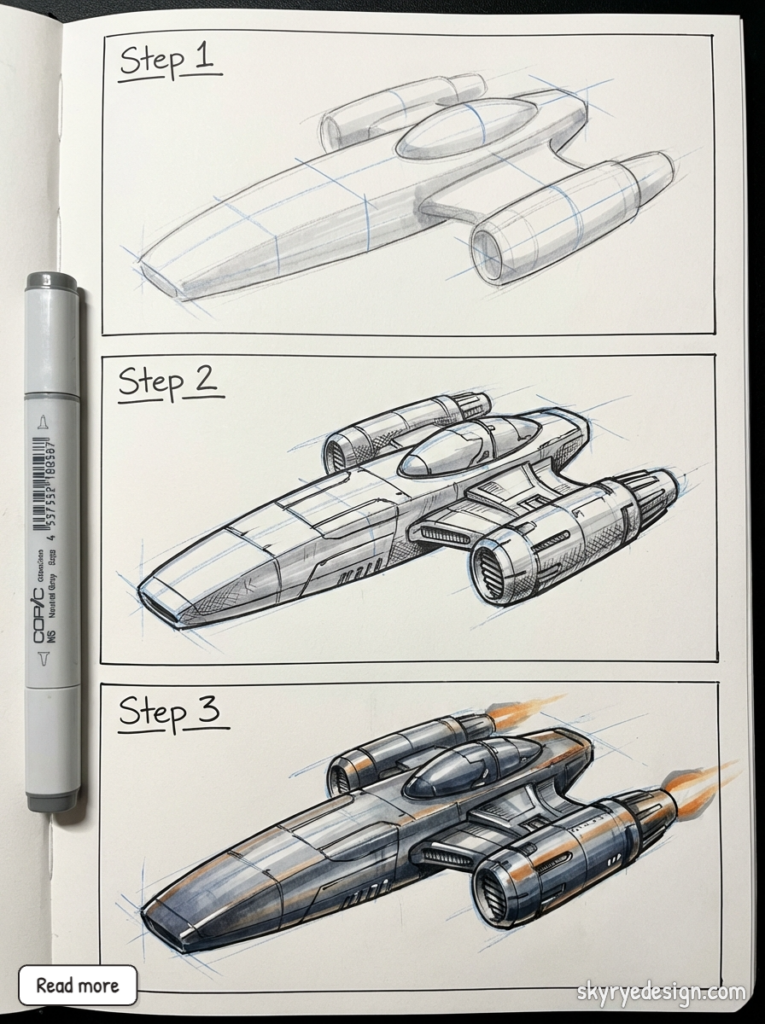 Step-by-step spaceship sketch tutorial: Step 1 pencil guides, Step 2 ink details, Step 3 Copic marker color rendering