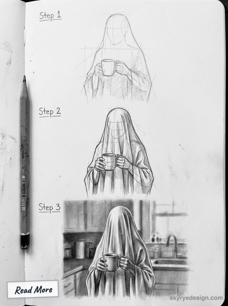 Three-step pencil tutorial: sketchbook progression of a ghost-like figure holding a mug, from sketch to shaded drawing