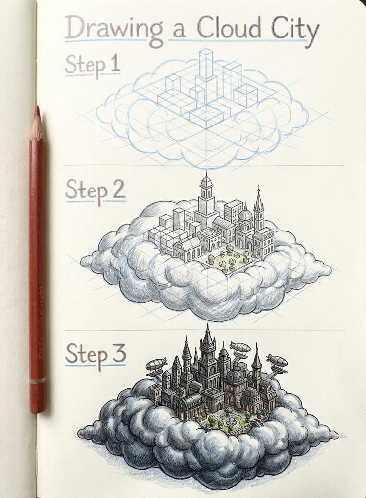 Cloud city drawing tutorial: three-step sketch of a floating city on a cloud in a sketchbook with a red pencil.