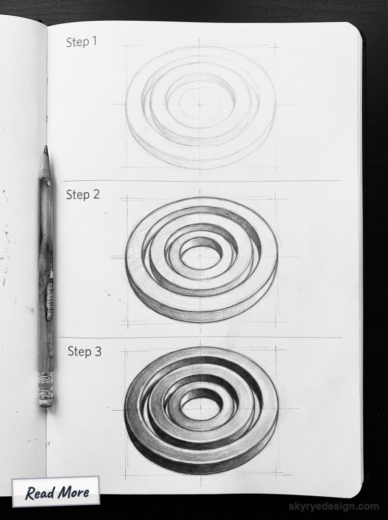 Step-by-step pencil drawing tutorial in sketchbook: shaded concentric rings/toroid with pencil beside sketches