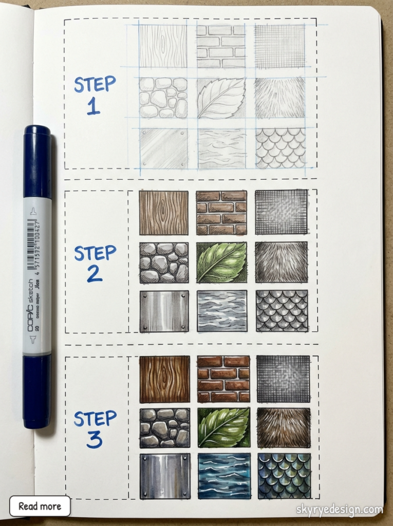 Sketchbook step-by-step texture tutorial: pencil to color grids showing wood, brick, stone, leaf, fur, metal, water, scales