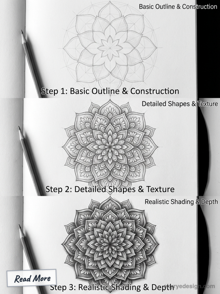 Mandala drawing tutorial showing three steps in sketchbook: outline, detailed shapes, realistic shading with pencils