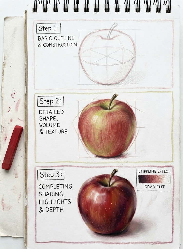 Step-by-step realistic colored pencil apple drawing tutorial in sketchbook: outline, texture, shading & highlights.