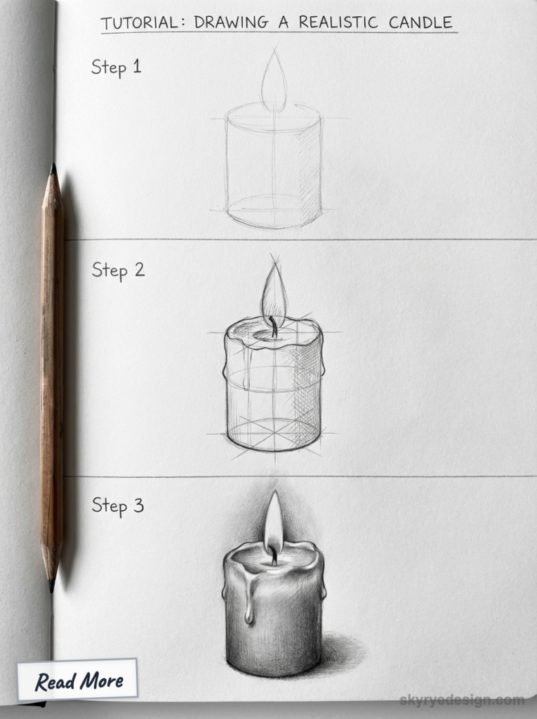 Three-step pencil tutorial showing a realistic candle drawing, from outline to shaded final sketch