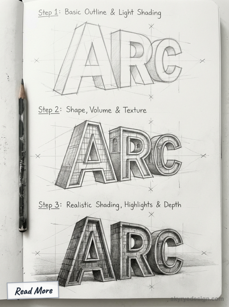 Pencil sketchbook tutorial: three-step 3D lettering ARC showing outline, texture, and realistic shading.