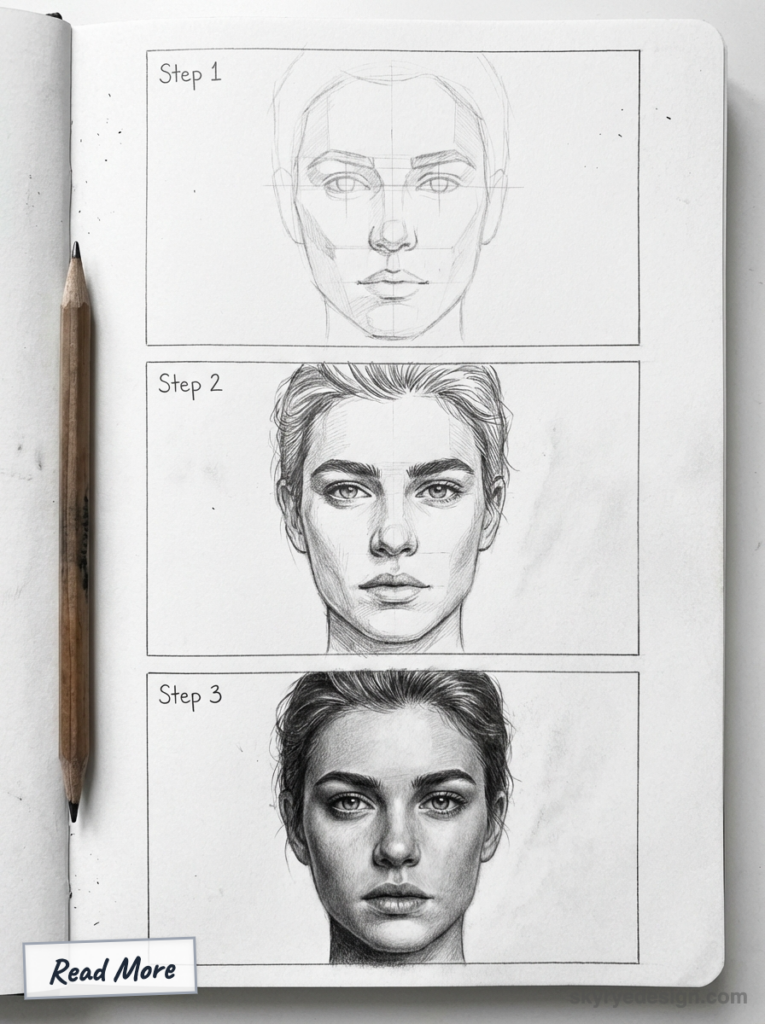 Three-step pencil portrait tutorial: basic construction to realistic female face on sketchbook with pencil
