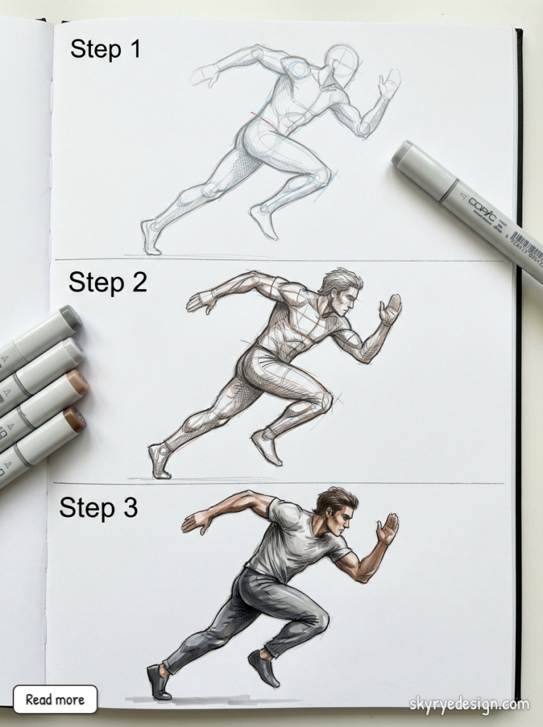 Step-by-step drawing tutorial: male runner figure in sketchbook with Copic markers