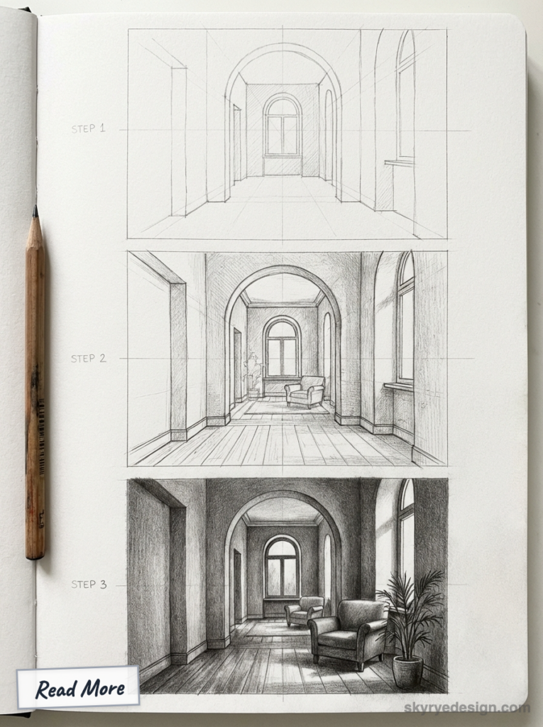 Pencil sketchbook tutorial: three-step perspective drawings of an arched hallway interior with armchairs and potted plant