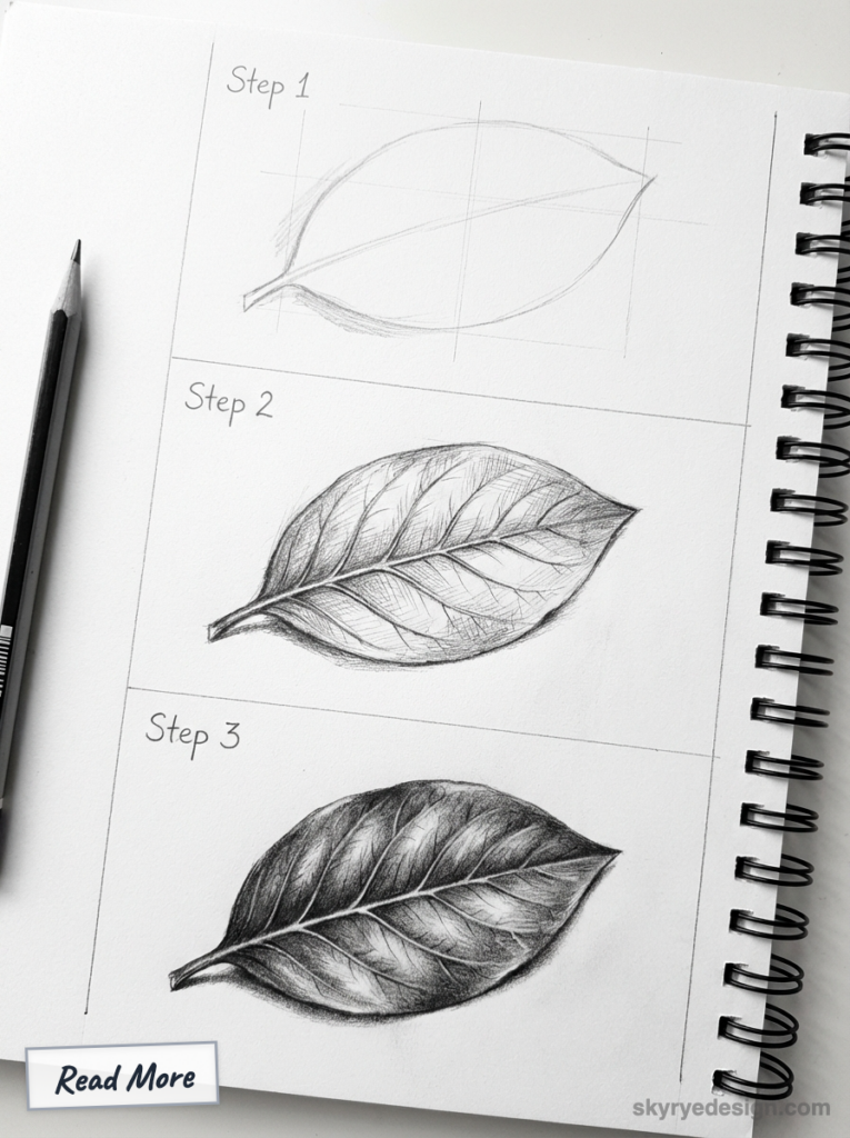 Step-by-step pencil drawing tutorial of a leaf in a spiral sketchbook showing three stages with grid guides.