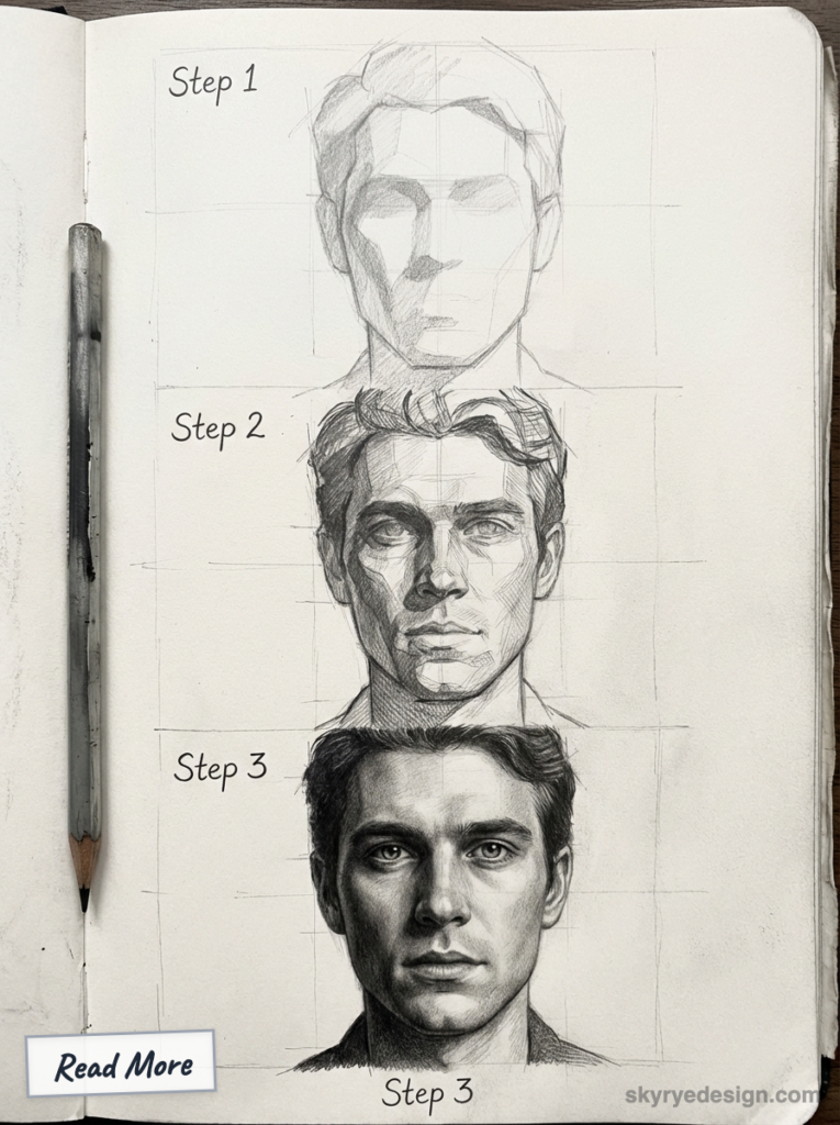 Pencil portrait tutorial: step-by-step progression from basic sketch to detailed shaded realistic male face in a sketchbook.