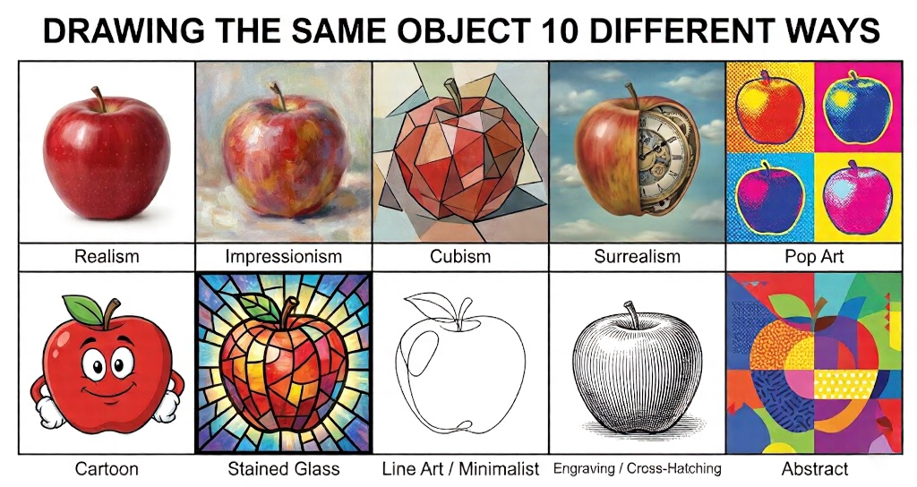 Grid of an apple drawn 10 different ways, showing styles like realism, impressionism, cubism, surrealism and pop art.