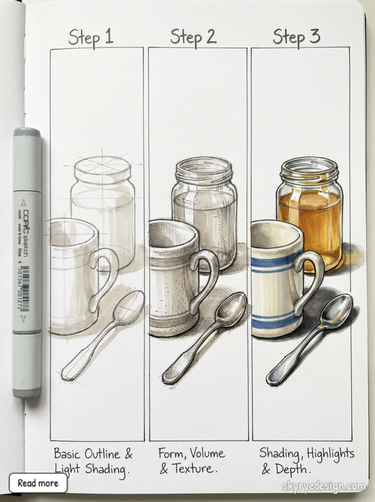 Step-by-step drawing tutorial: mug, spoon & jar from outline to textured form, shading and color
