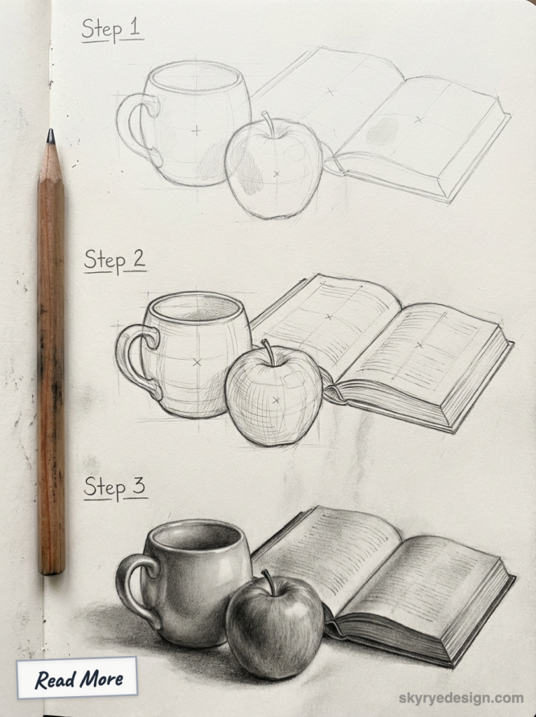 Pencil tutorial: three-step drawing progression of a mug, apple and open book from sketch to shaded.