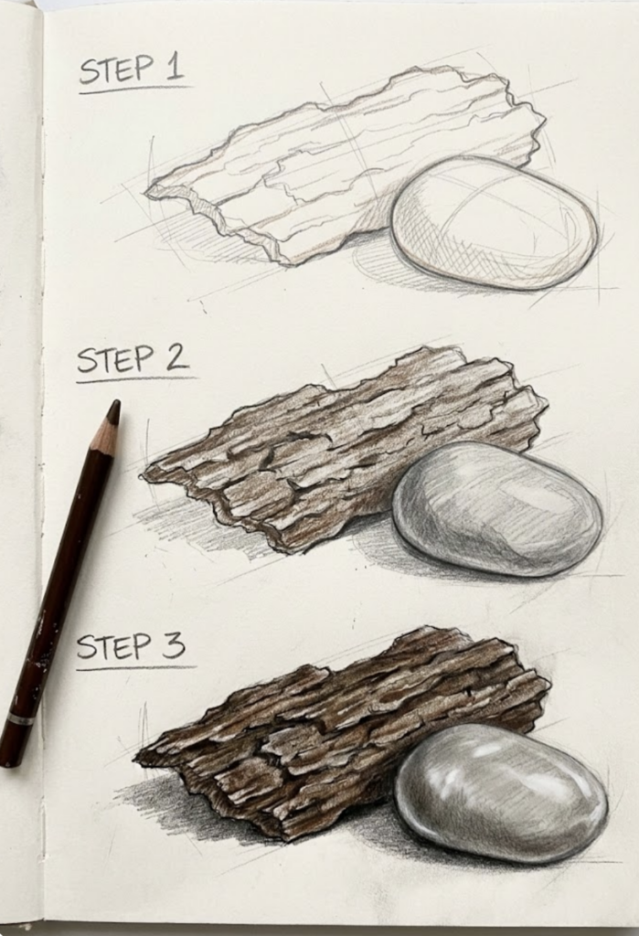 Step-by-step sketch tutorial of textured tree bark and smooth pebble, pencil and colored shading.