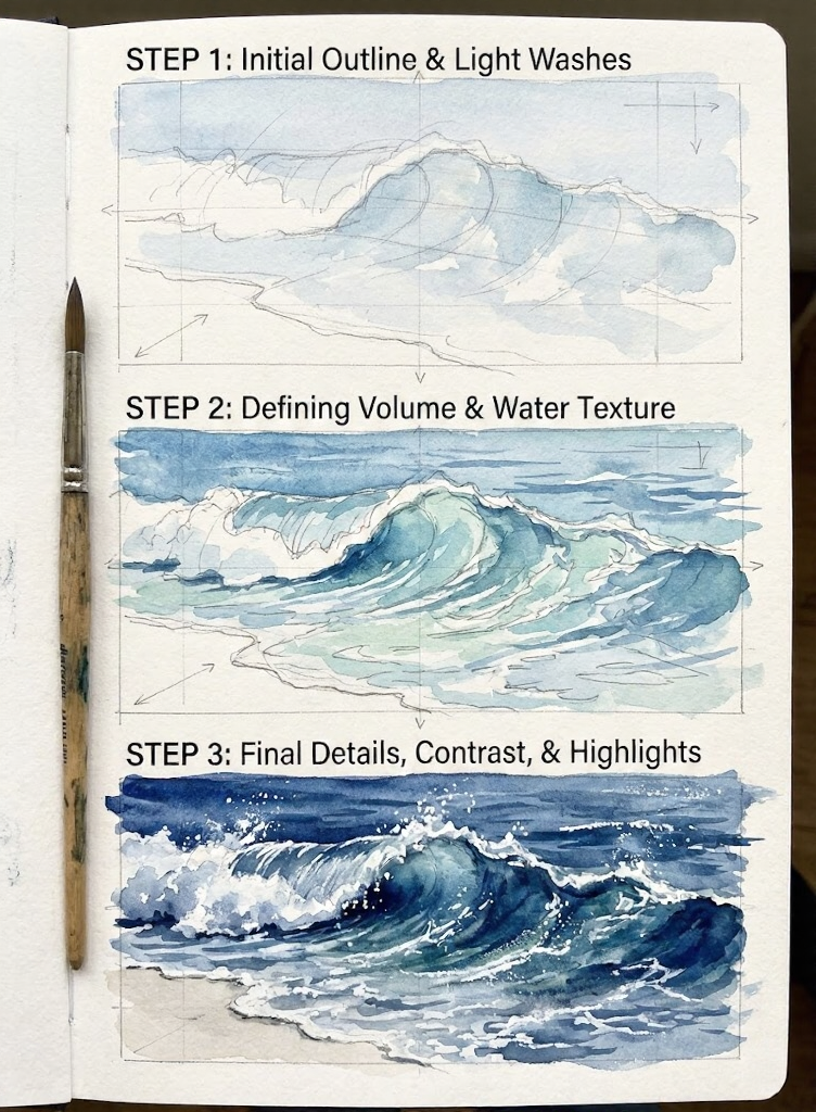 Sketchbook watercolor tutorial: three-step ocean wave painting, initial outline, volume & texture, final detailed waves