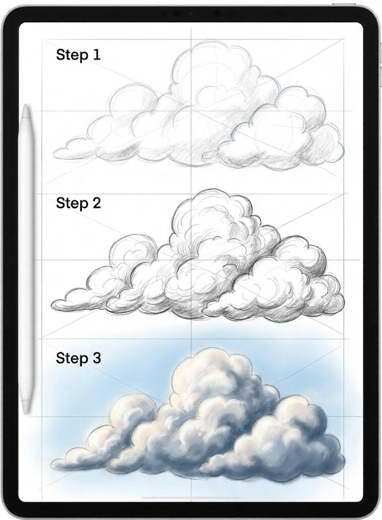 Tablet screen with step-by-step cloud drawing tutorial: rough sketch, detailed shading, and final colored cloud with stylus.