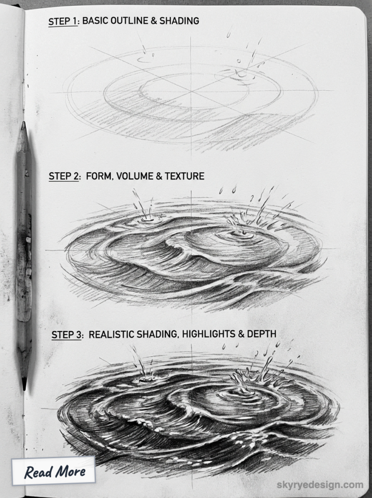 Sketchbook tutorial showing three-step pencil drawing of water ripples and splashes: outline, form and realistic shading.