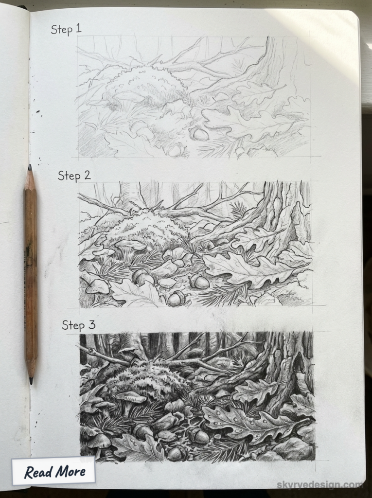 Pencil drawing tutorial: three-step forest floor study with oak leaves, acorns, moss and tree roots, sketch to shaded.