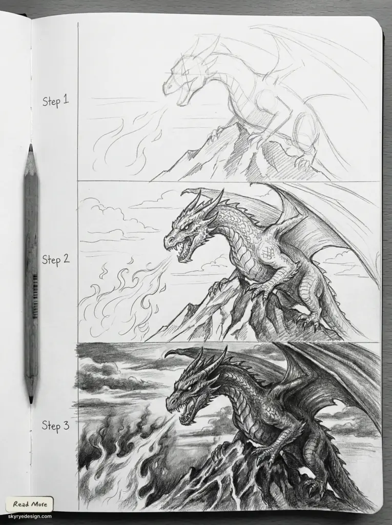 Dragon pencil drawing tutorial: step-by-step progression from rough outline to fully shaded fire-breathing dragon perched on a rocky peak.