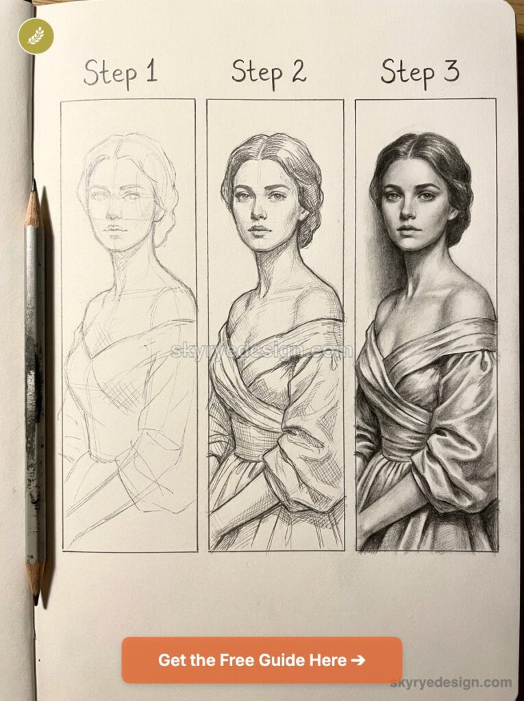 Step-by-step pencil portrait tutorial: progressive sketches to a detailed shaded woman in vintage dress