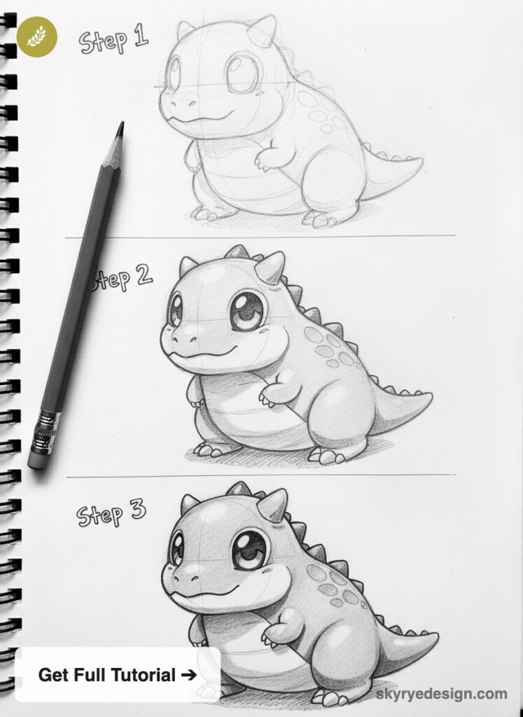 Three-step pencil drawing tutorial: cute chubby cartoon dinosaur sketch in a spiral sketchbook with a pencil visible