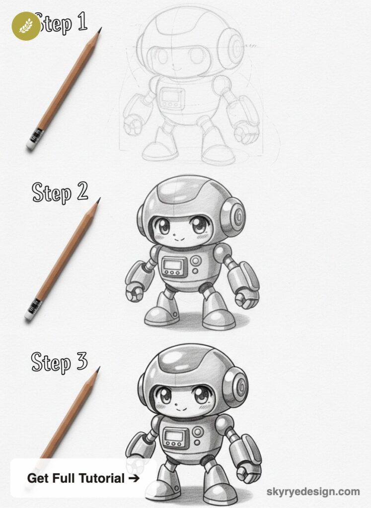 Step-by-step chibi robot pencil drawing tutorial showing three sketch stages with pencils and 'Get Full Tutorial' badge