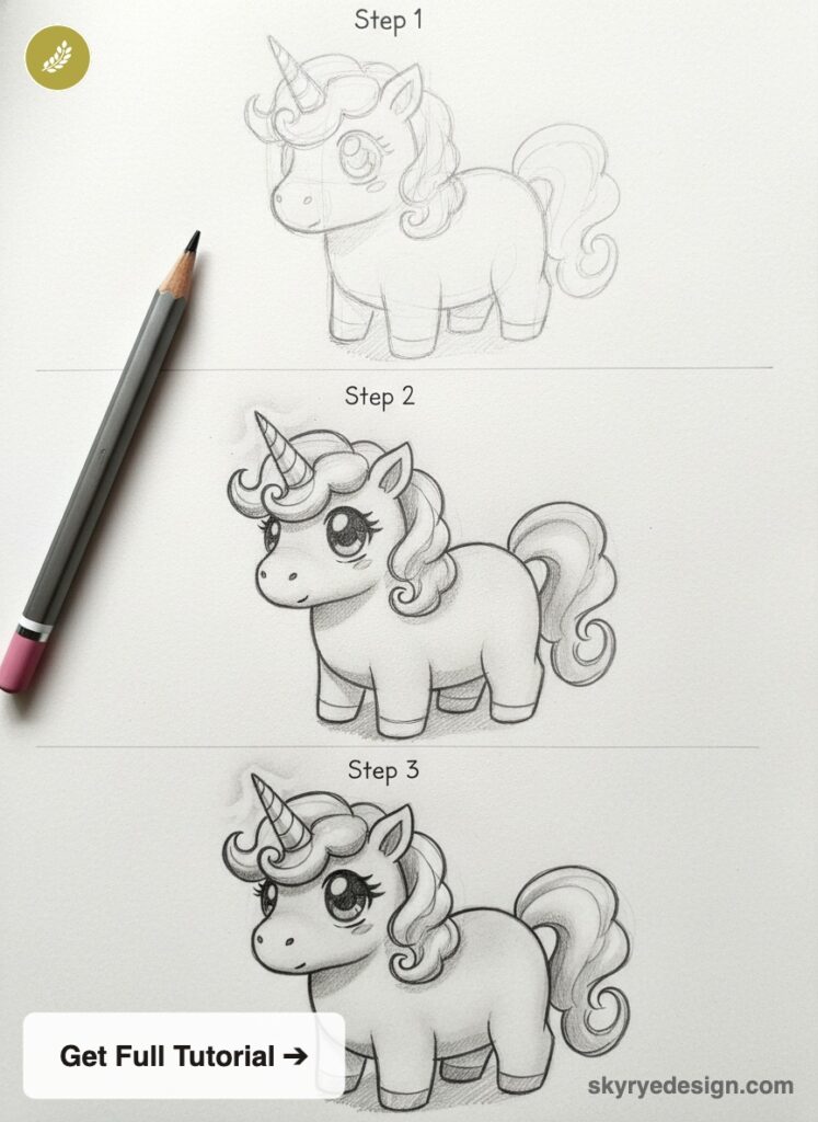 How to draw a cute unicorn: step-by-step pencil sketch tutorial showing three stages with pencil