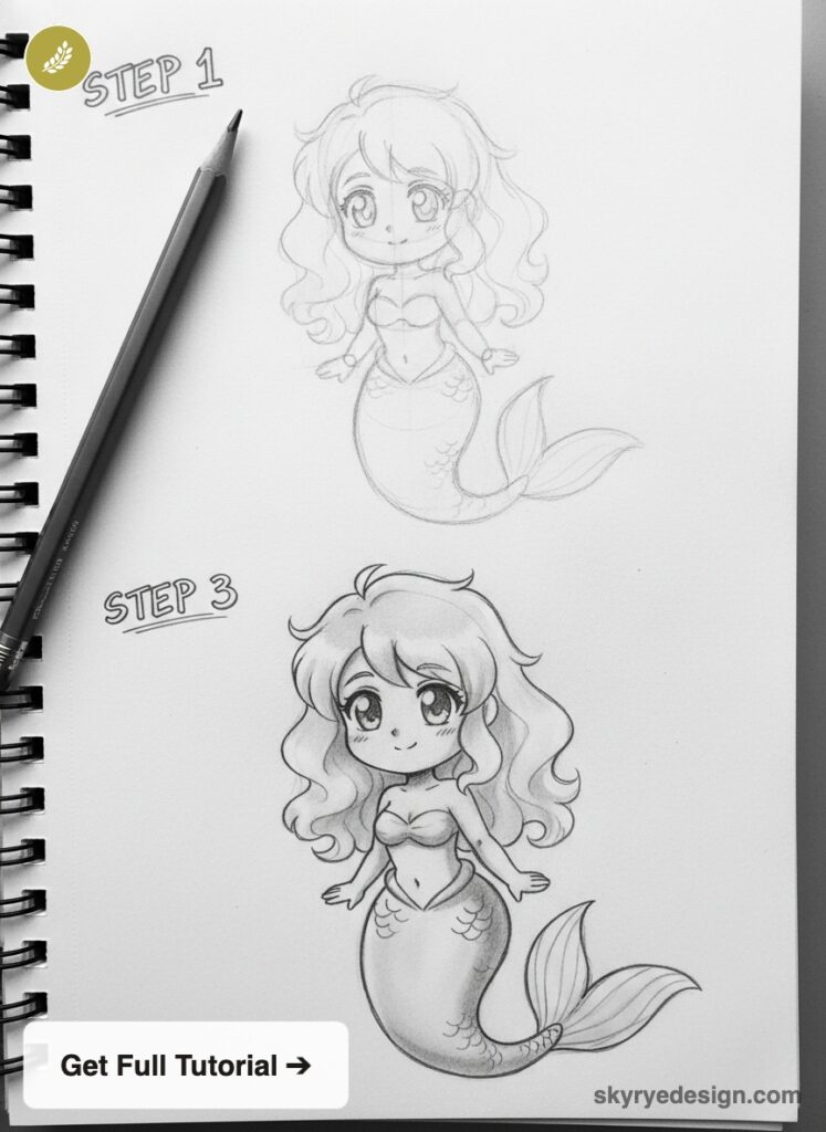 How-to chibi mermaid pencil sketch tutorial in spiral sketchbook, showing Step 1 rough sketch and Step 3 refined drawing