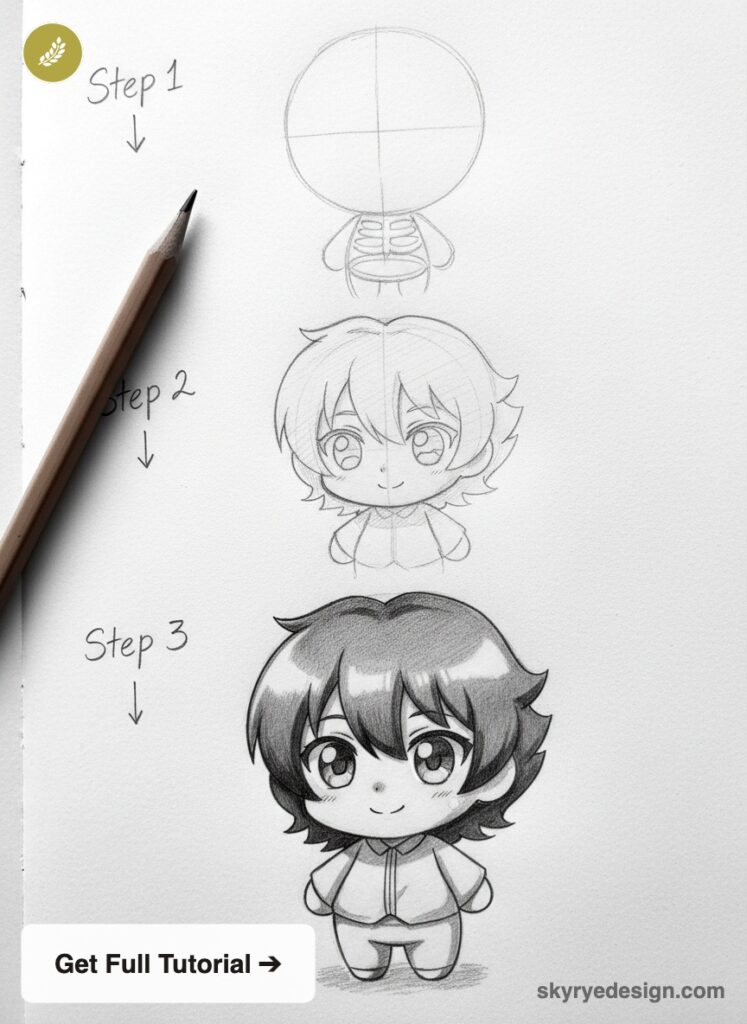 Vertical sequence showing three chibi drawings in progress: Step 1 a round head guide, Step 2 a cute front-facing chibi, Step 3 a shaded finished chibi in a hoodie. Pencil rests on the left; watermark skyrydesign.com.
