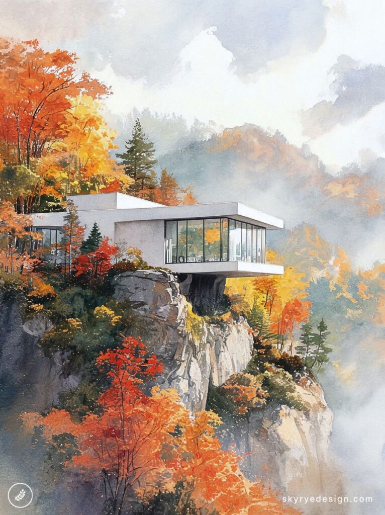 Contemporary glass cliffside house cantilevered over rocky precipice with misty mountain views and autumn foliage.