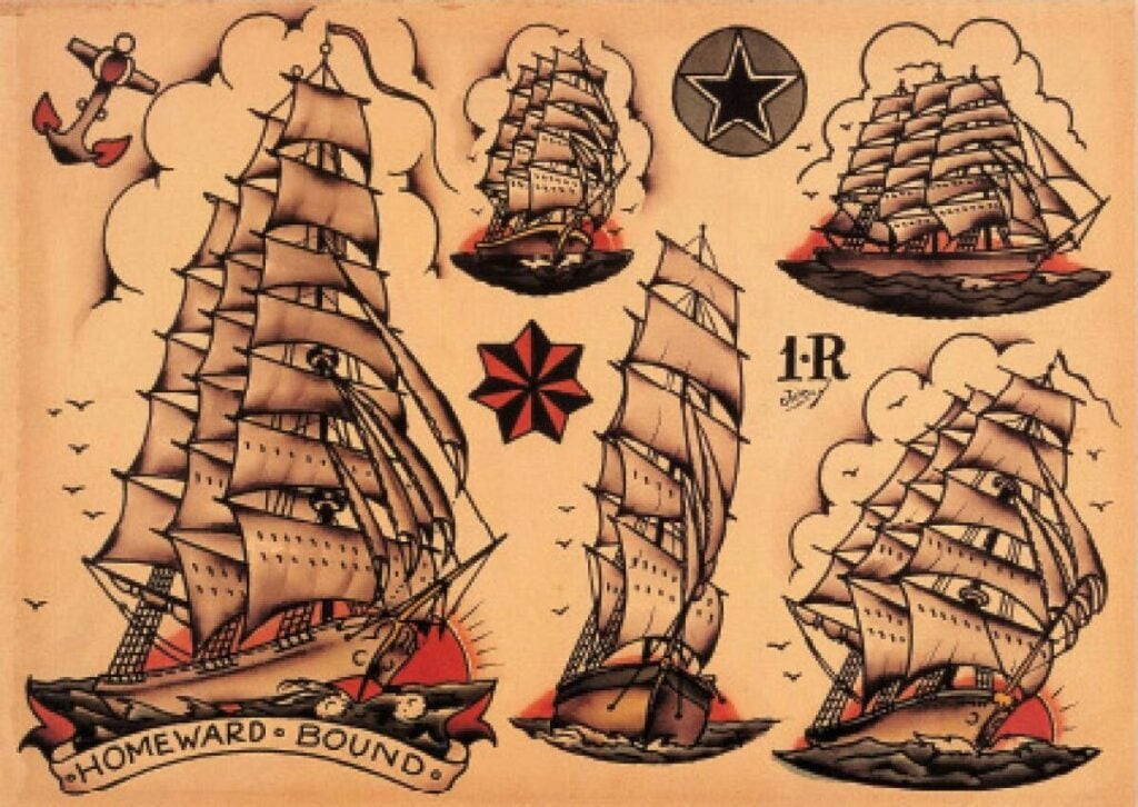 Vintage nautical tattoo flash sheet showing several tall sailing ships, anchor, star and 'Homeward Bound' banner in traditional tattoo style.