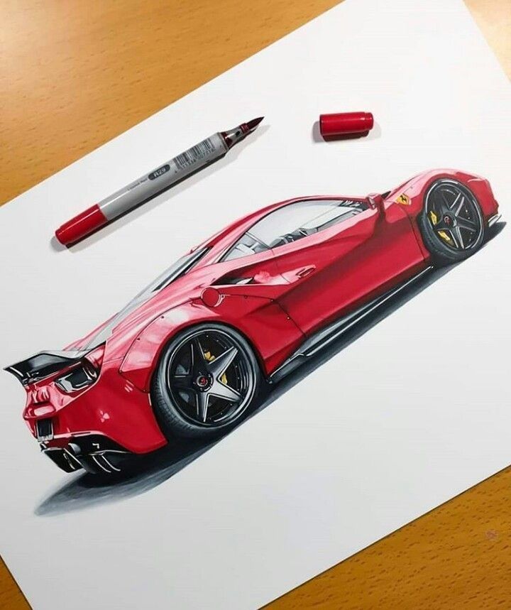 Realistic red sports car illustration on white paper, photorealistic marker sketch with red marker and cap, high-detail automotive concept art