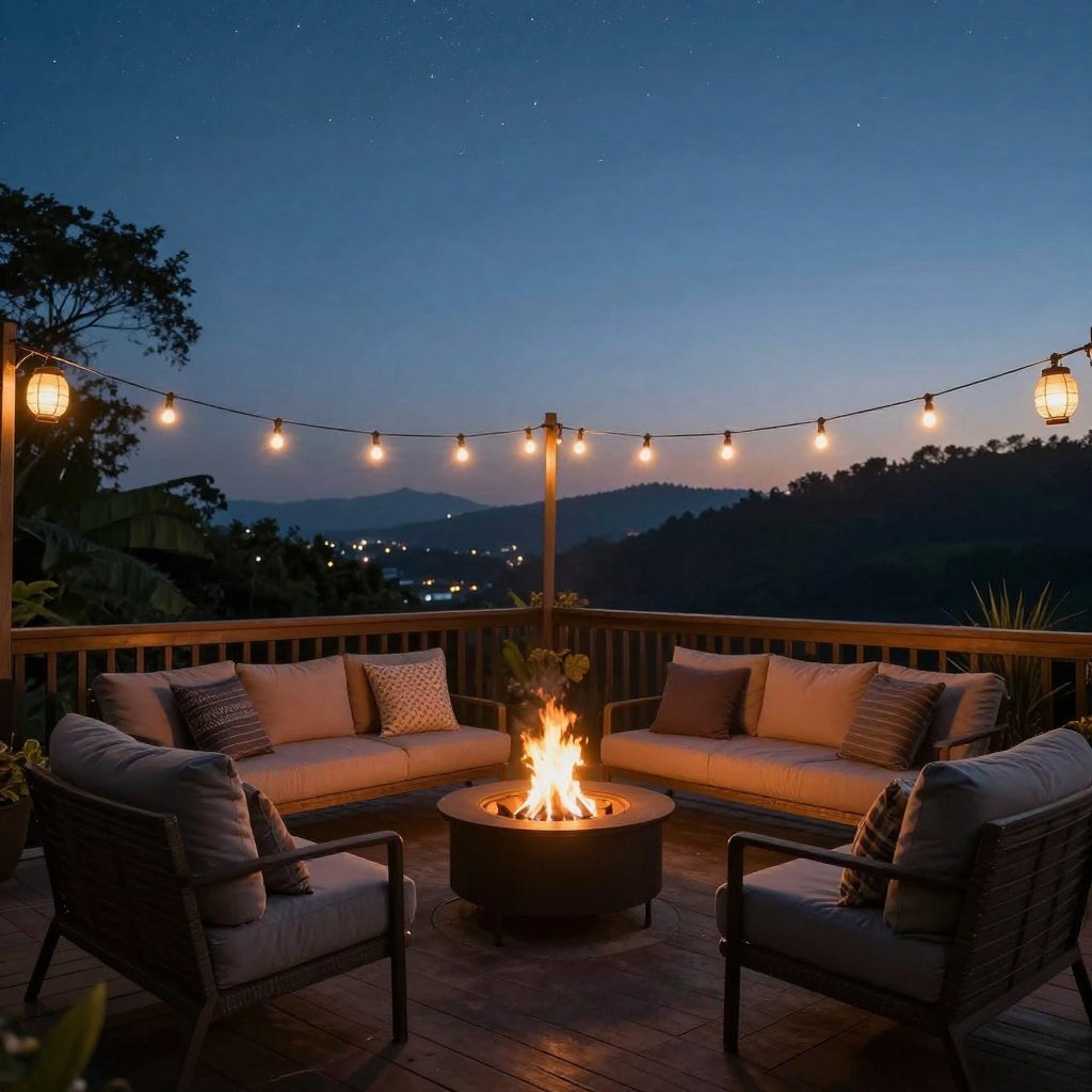 Cozy outdoor deck at dusk with string lights, cushioned seating around a central fire pit, overlooking distant hills and twinkling town lights.