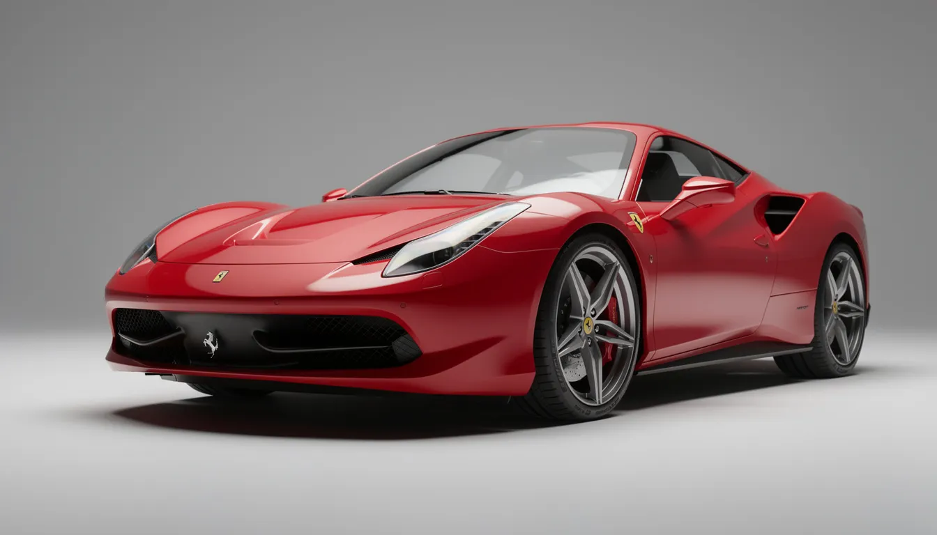 A stunning red Ferrari sports car is showcased under studio lighting, highlighting the glossy reflections on its sleek car body and curved panels. The image captures intricate details like the outline of the hood, the shape of the side windows, and the stylish wheels, creating an inspiring scene for automotive enthusiasts.