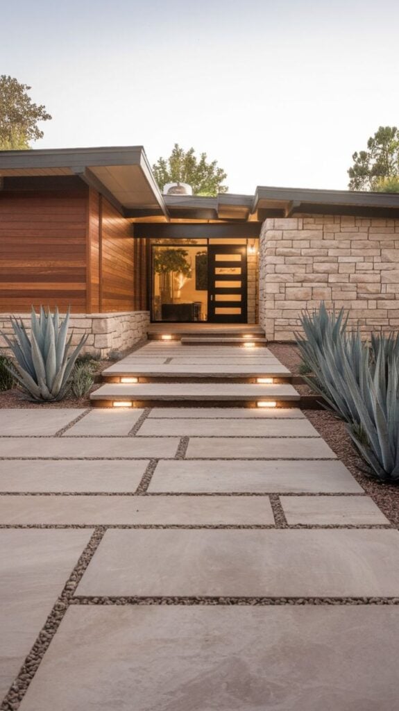 Modern midcentury entrance with large concrete pavers, recessed step lights, agave landscaping, wood siding and stone facade at dusk.