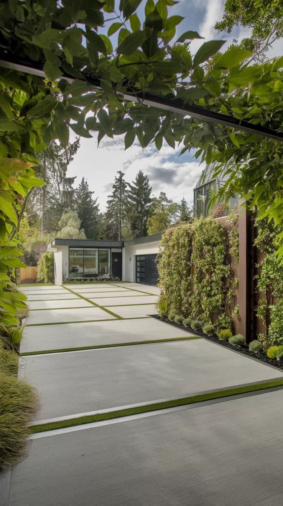Modern concrete paver driveway with narrow grass strips leading to a contemporary house framed by a vertical garden and trees