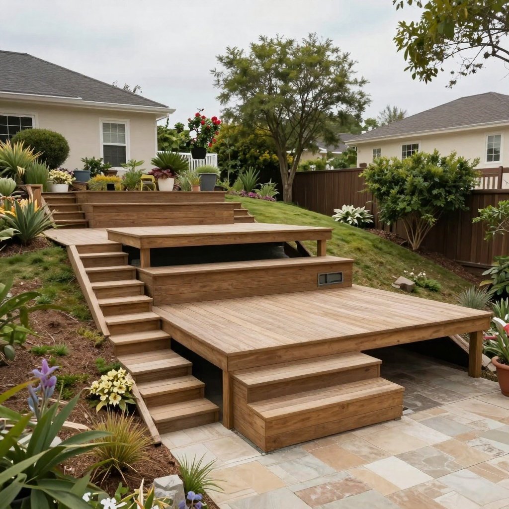 Tiered wooden deck patio with built-in steps, modern outdoor living space, landscaped backyard garden and potted plants in suburban home
