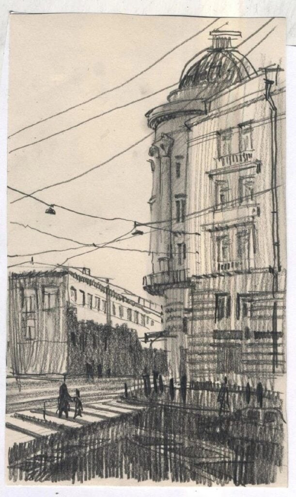 26d4365f0cf0602c7efed82e0e3da8f3 Black and white pencil sketch of a city street with a domed building and pedestrians crossing, capturing an urban architectural scene. | Sky Rye Design Black and white pencil sketch of a city street with a domed building and pedestrians crossing, capturing an urban architectural scene.