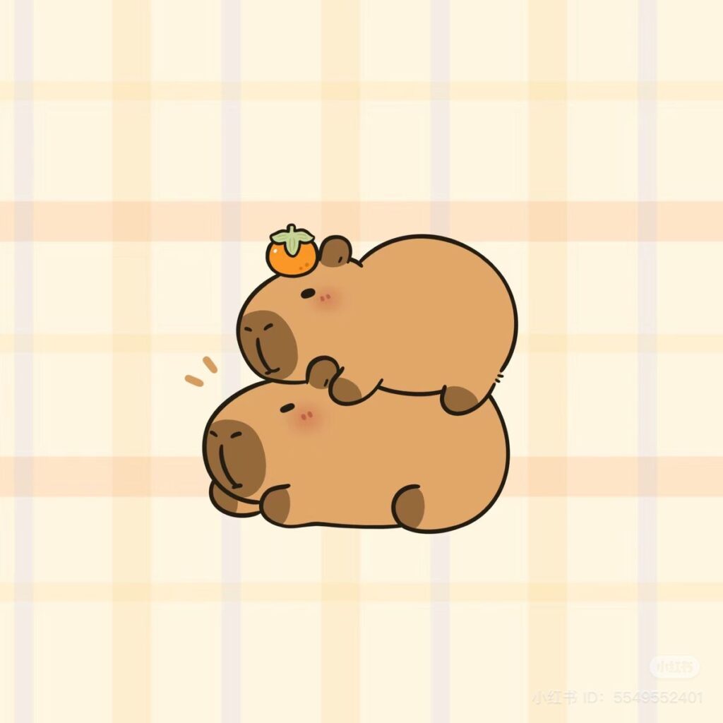 Cute cartoon capybaras stacked, one balancing a persimmon on its head on soft beige plaid background — kawaii animal illustration.