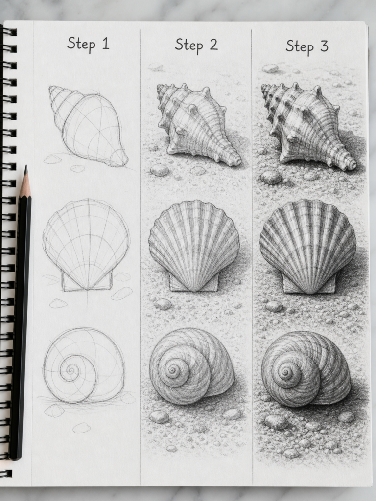 Step-by-step pencil drawing tutorial showing three seashell sketches progressing from construction lines to detailed shading