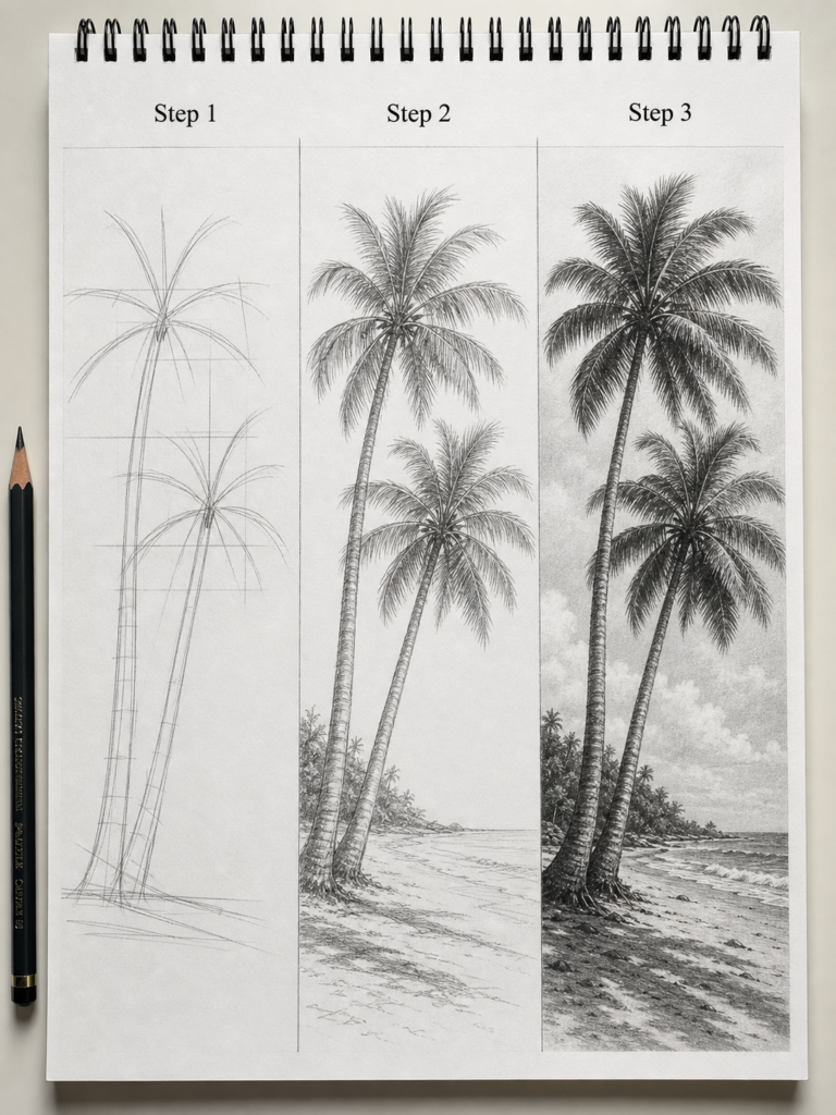 Pencil drawing tutorial: step-by-step palm trees in spiral sketchbook, beach scene from rough sketch to detailed shading.