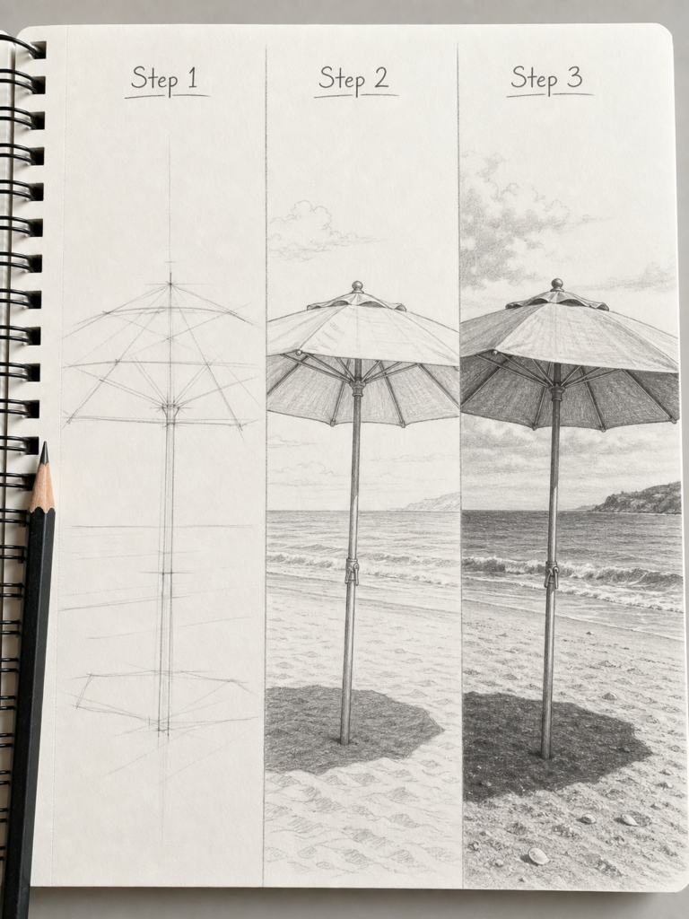 Three-panel pencil sketch tutorial showing beach umbrella drawing from construction lines to detailed shading.