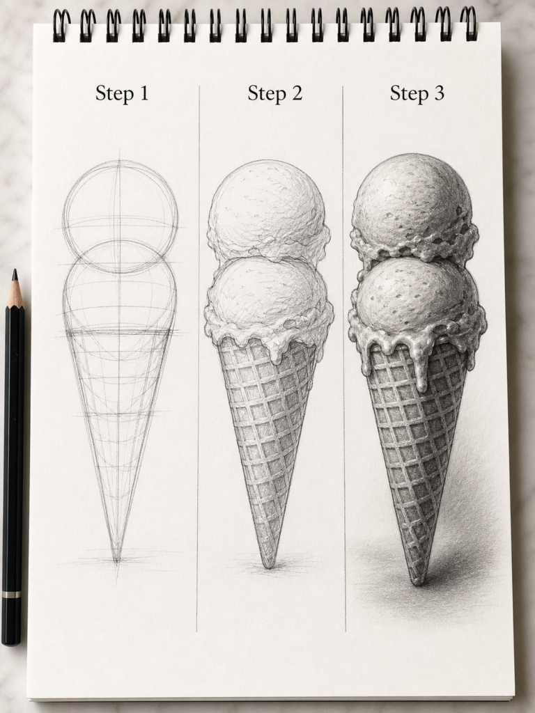 Step-by-step pencil sketch of a two-scoop ice cream cone on a spiral sketchbook, showing construction to shaded rendering.