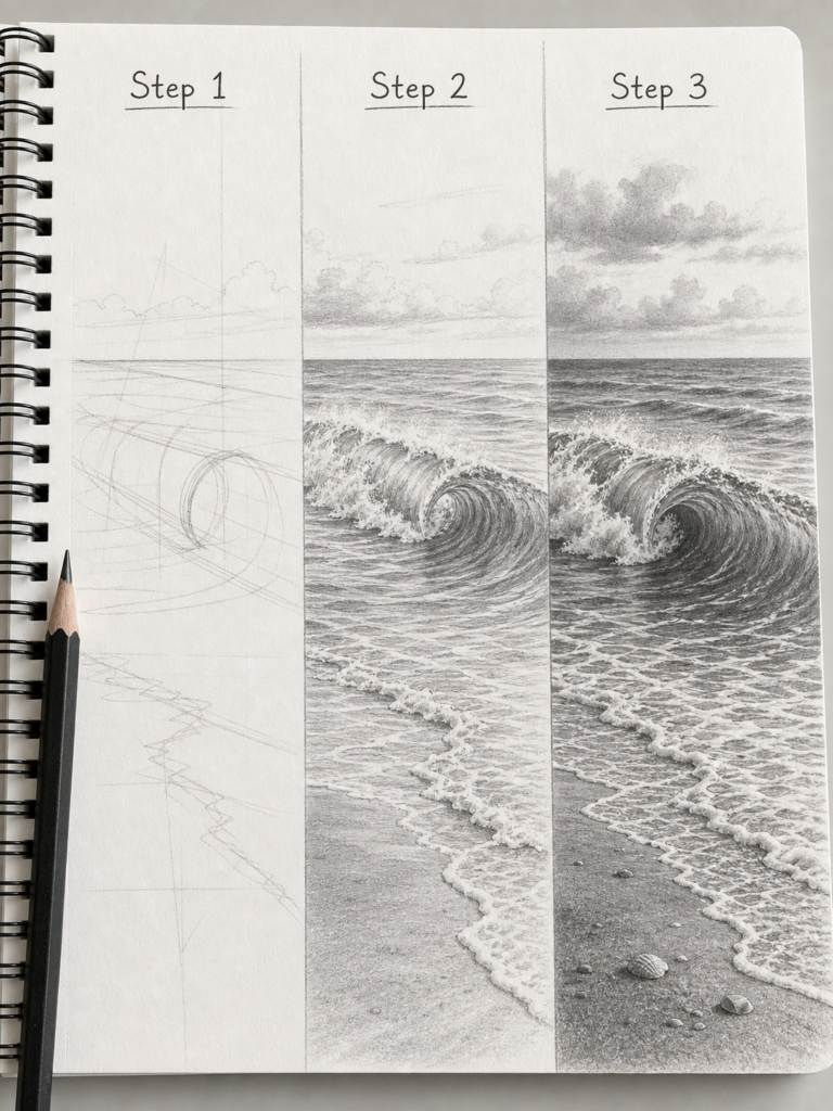 Triptych showing drawing progression of a seascape wave: rough sketch, mid-drawing, and finished detailed wave.