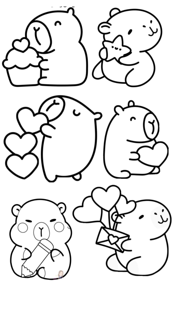 Kawaii coloring sheet: six outlined capybaras holding hearts, cupcake, star, pencil and envelope — cute Valentine-themed line drawings