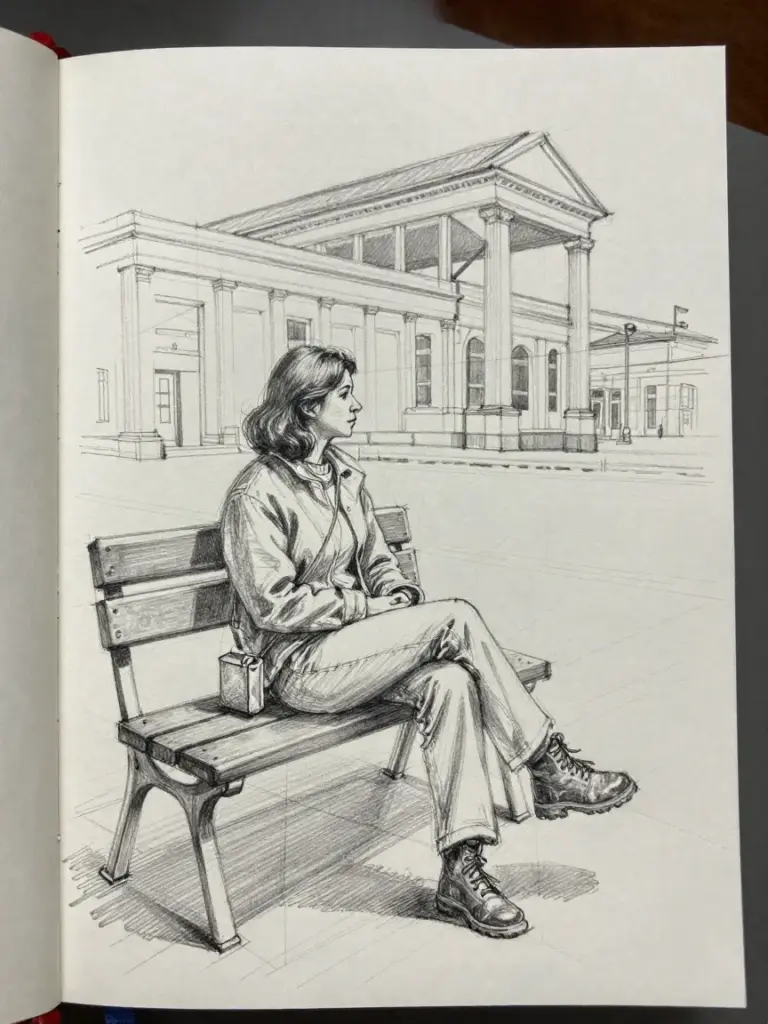 3f01e7cf3699431ebb588fdf44966c30 Sketch of a woman sitting on a bench in front of a neoclassical building, showcasing intricate architectural and portrait details. | Sky Rye Design Sketch of a woman sitting on a bench in front of a neoclassical building, showcasing intricate architectural and portrait details.